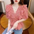 Puff-sleeve Flower Print Ruffle Blouse