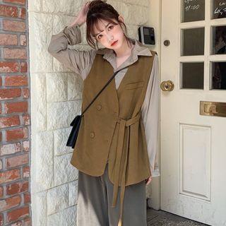 Chiffon Shirt / Double-breasted Vest With Tie
