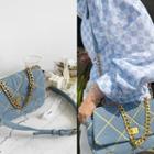 Embroidered Denim Chain Shoulder Bag Light Blue - One Size