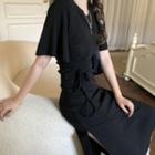 Short-sleeve Drawstring Midi T-shirt Dress Black - One Size