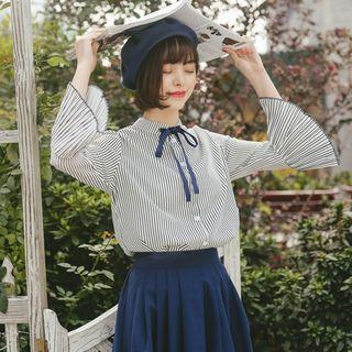 Striped Bell-sleeve Bow-tie Blouse