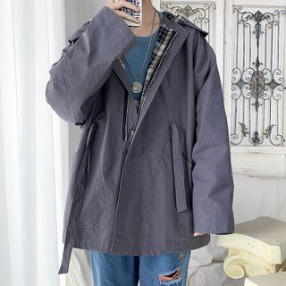 Mock Two-piece Plaid Trim Hooded Zip Jacket