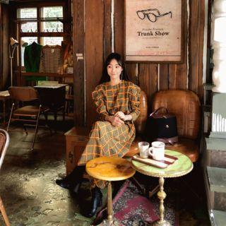 Puff-shoulder Glen-plaid Maxi Dress