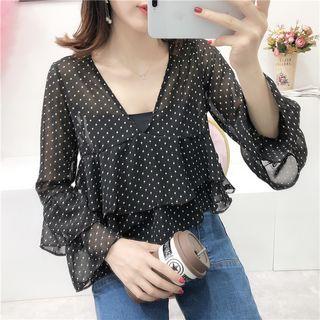 Polka Dot V-neck Layered Chiffon Top