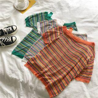 Short-sleeve Asymmetric Shoulder Striped T-shirt