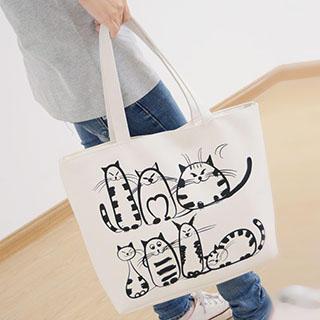 Cat Printed Canvas Shopper Bag Cat - Gray - One Size