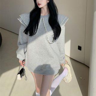 Asymmetrical Dual-collar Loose Sweatshirt Gray - One Size
