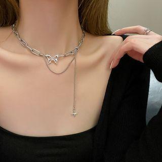 Butterfly & Star Chain Choker 1 Pc - Silver - One Size