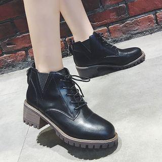 Faux Leather V Cutout Block Heel Booties