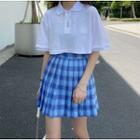 Short-sleeve Embroidered Cropped Shirt / Pleated Plaid Mini Skirt