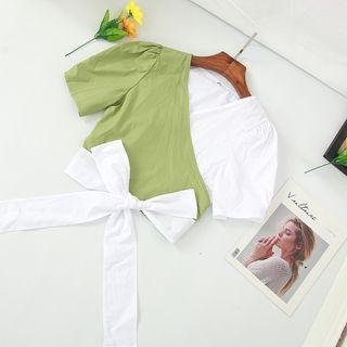 Bow Accent Color Block Short-sleeve Blouse