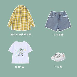 Plaid Long-sleeved Shirt / Round Collar Printed Short-sleeved Top / Wide Leg Denim Shorts