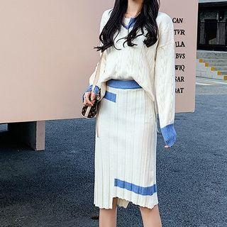 Set: Color Block Cable Knit Sweater + Asymmetric Skirt