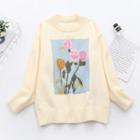 Round Neck Floral Patch Sweater Off-white - One Size