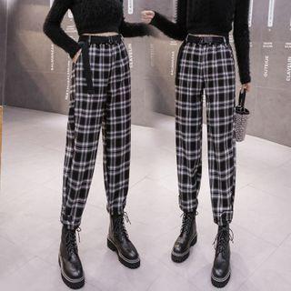 High-waist Plaid Tapered Pants