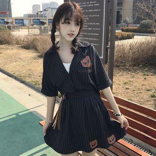 Set: Bear Print Short-sleeve Shirt + A-line Skirt