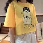 Cat Print Short-sleeve Cropped T-shirt