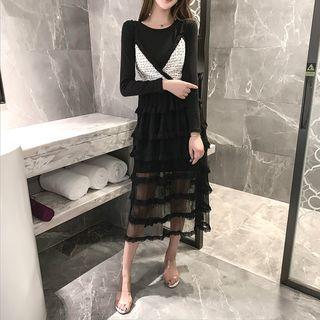 Set: Plain Long-sleeve T-shirt + Tweed Panel Mesh Mid Pinafore Dress