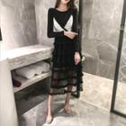 Set: Plain Long-sleeve T-shirt + Tweed Panel Mesh Mid Pinafore Dress