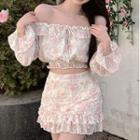 Long-sleeve Off-shoulder Floral Print Crop Top / Mini Skirt