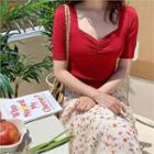 Sweet Heart Neckline Short-sleeve Knit Top Wine Red - One Size