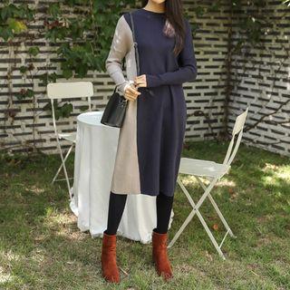 Round-neck Color-block Knit Dress Navy Blue - One Size