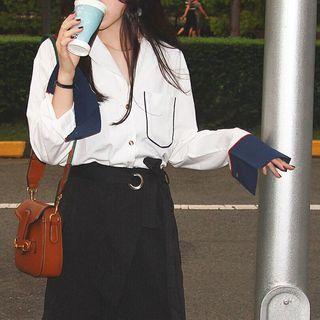 Long-sleeve Contrast Piping Blouse