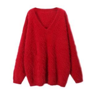 V-neck Furry Sweater Red - One Size