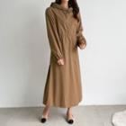 Hooded Button-trim Flared Long Dress