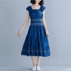 Cap-sleeve Denim A-line Midi Dress Blue - One Size