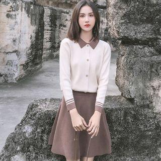 Set: Collared Cardigan + A-line Skirt