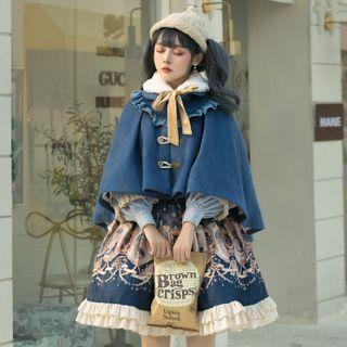 Long-sleeve A-line Dress / Fluffy Collar / Cape / Set