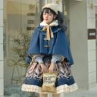 Long-sleeve A-line Dress / Fluffy Collar / Cape / Set