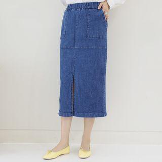 Band-waist Slit-front H-line Denim Skirt