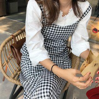 Gingham Midi A-line Pinafore Dress Gingham - Black & White - One Size