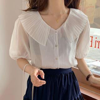 Puff-sleeve Pleat Collar Blouse