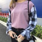 Knit Panel Plaid Long-sleeve Top