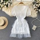V-neck Knit Panel Mesh Ruffle Dress White - One Size
