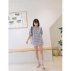 V-neck Frilled-trim Plaid Blouse