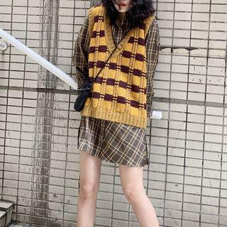 Set: Long-sleeve Check Long Shirt + Check Knit Vest