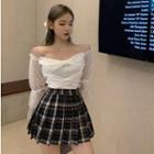 Long-sleeve Mesh Blouse / Plaid Mini A-line Skirt