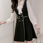 Set: Long-sleeve Tie-neck Blouse + Mini A-line Overall Dress