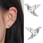 Rhinestone Origami Crane Earring 1 Pair - With Earring Backs - Stud Earring - Silver - One Size