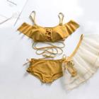 Set: Cold-shoulder Lace-up Swim Top + Bottom + Mesh Swim Skirt
