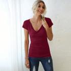 Short-sleeve Plain Cowl-neck Top