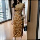Short-sleeve Slit-side Velvet Dress
