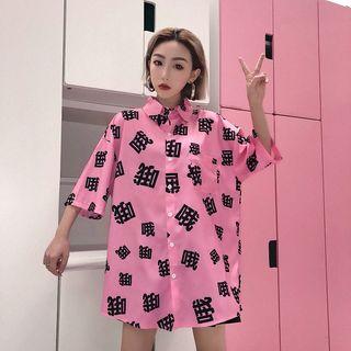 3/4-sleeve Character Oversized Shirt