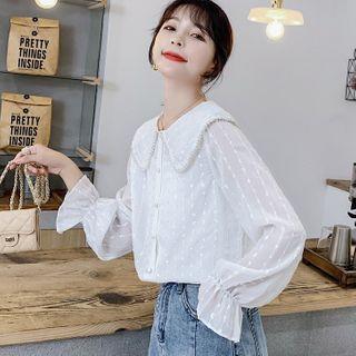 Bell-sleeve Peter Pan Collar Mock Pearl Chiffon Shirt