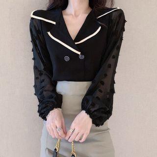 Contrast Trim Collared Double Breasted Sheer Dot Long-sleeve Blouse