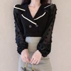 Contrast Trim Collared Double Breasted Sheer Dot Long-sleeve Blouse
